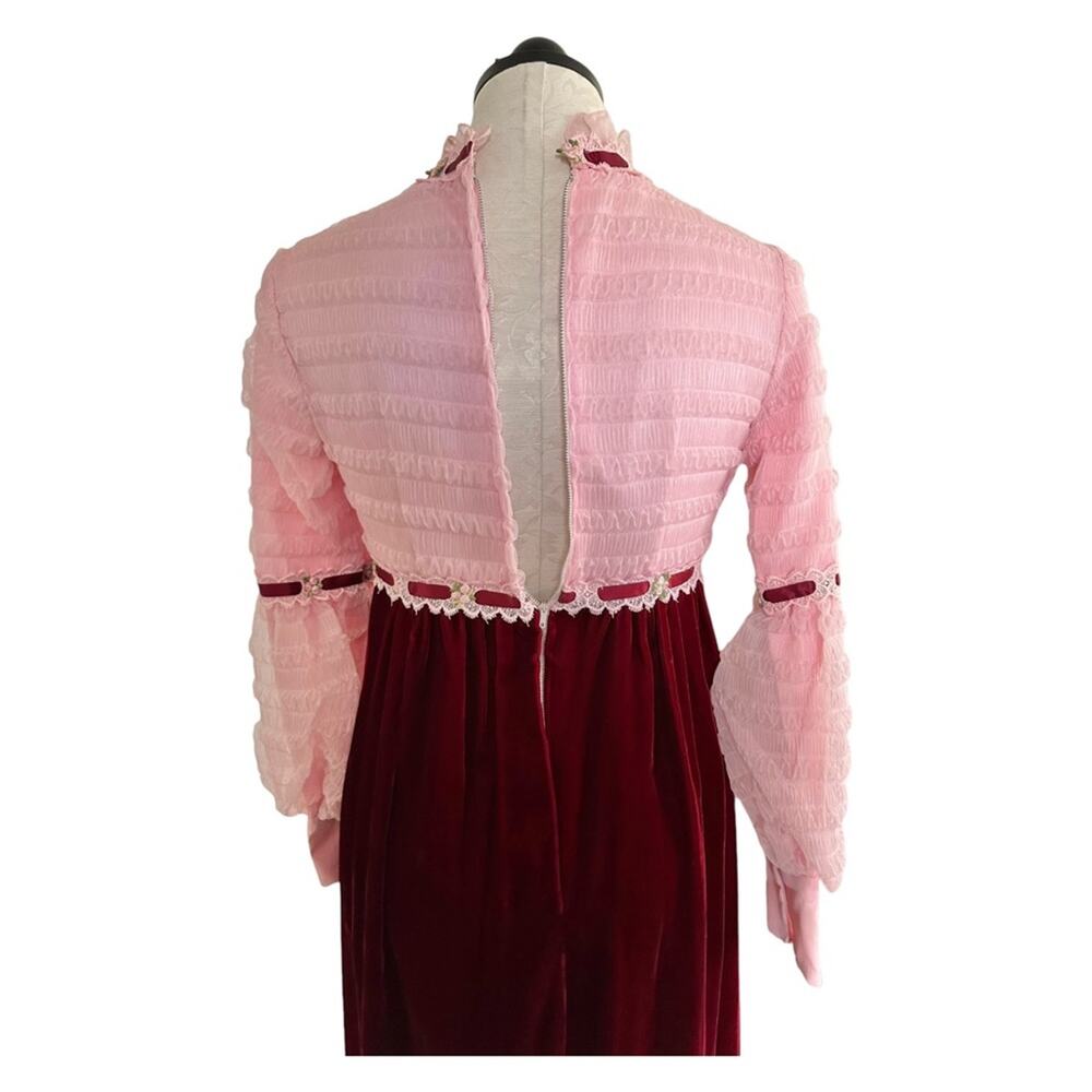 Vintage 1960's Juniors Formal Pink & Burgundy Long Dress Velvet & Nylon Size 7/8 - Picture 5 of 13